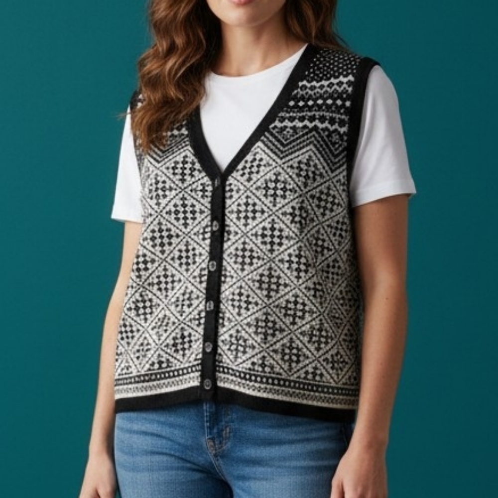 Vtg Interchangeable Monochrome Geometric Button Down Waistcoat Sweater Vest